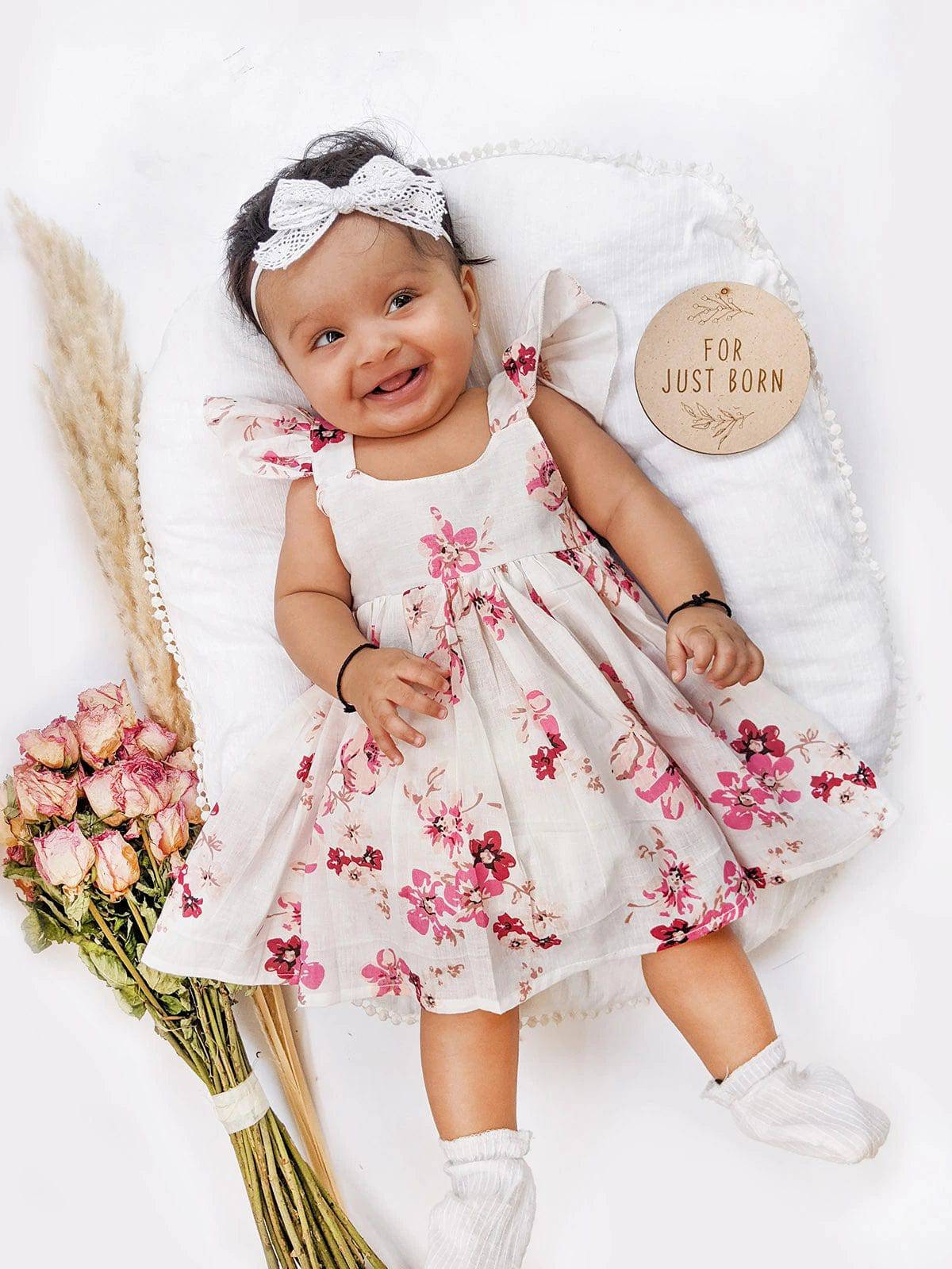 Pearl White Cotton Long Frock with Wine Floral Bunch Halemons