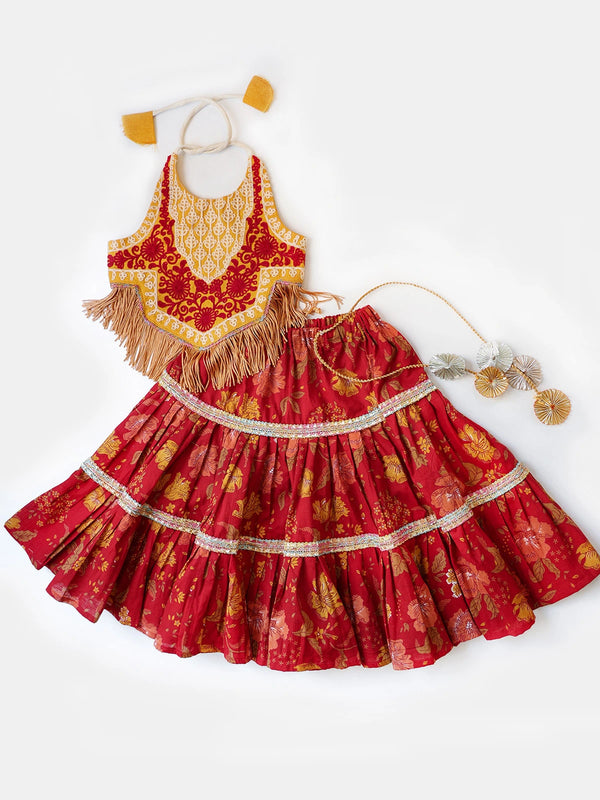 Wedding Vibe Frilled Red Lehenga Choli for Girls