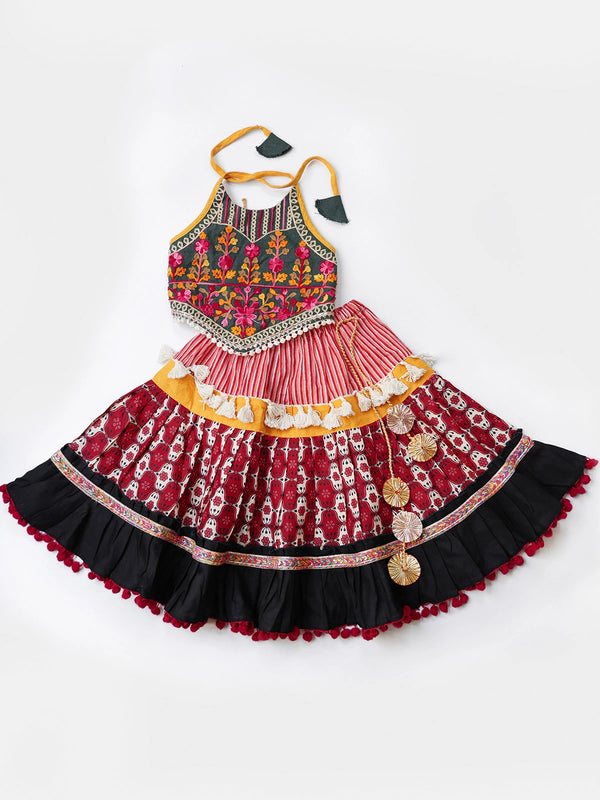 Rose Petals Striped Pleated Lehenga Choli for Girls