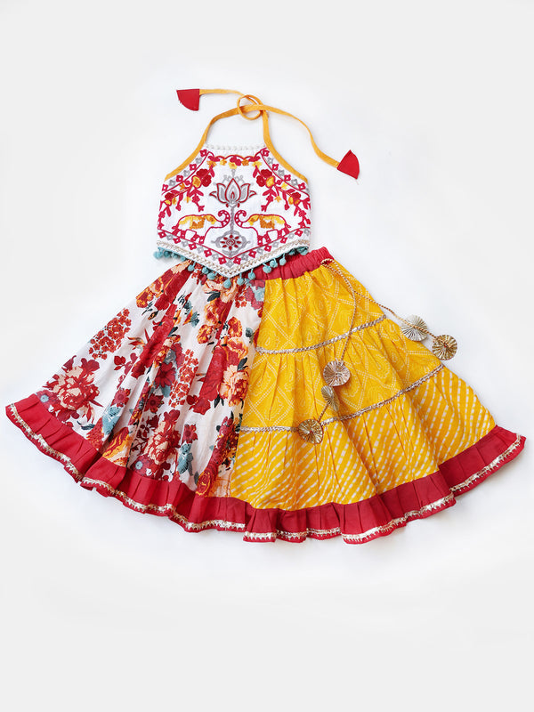 Red Floral Bandhani Flaired Lehenga Choli for Little Girls