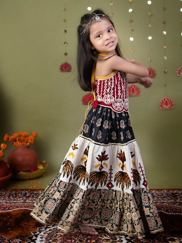 Black Ajrakh Print Lehenga Choli for Girls in Cotton