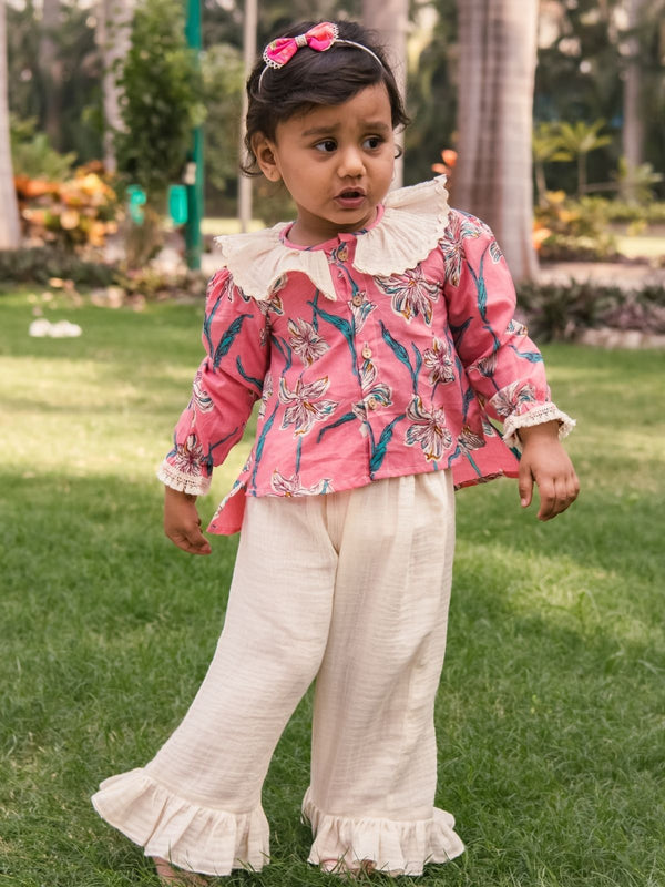 Pink Full Sleeved Crochet Lace Juliet Co-Ord setWith Dhoti Pants