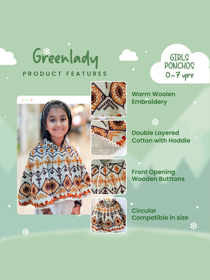 Green Fancy Embroidered Hoodie Poncho Top For Baby Girls