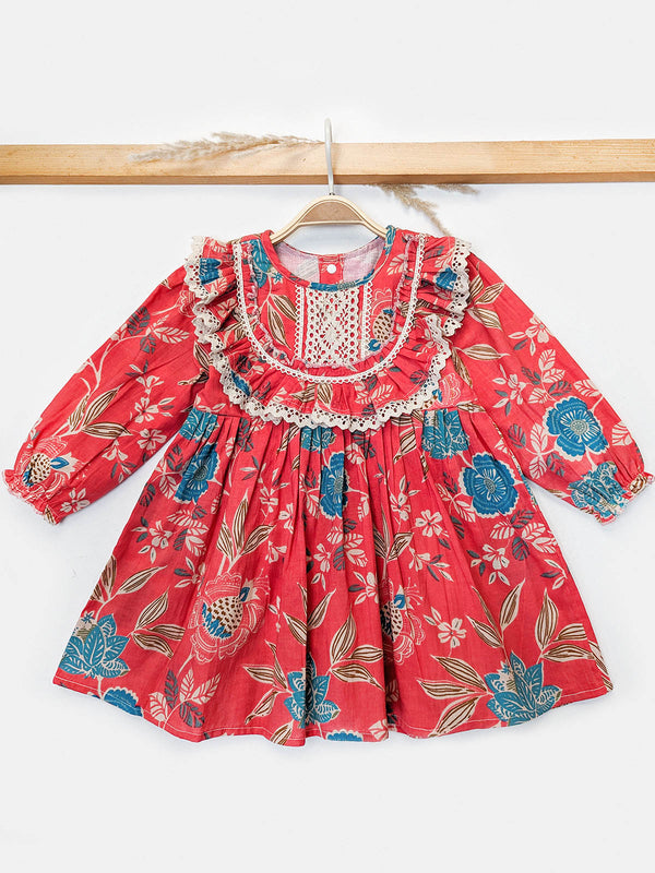 Halemons Baby Girl Cotton Full Sleeves Pleated Neckline Dress-Red