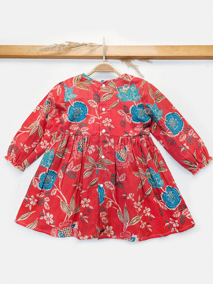 Halemons Baby Girl Cotton Full Sleeves Pleated Neckline Dress-Red