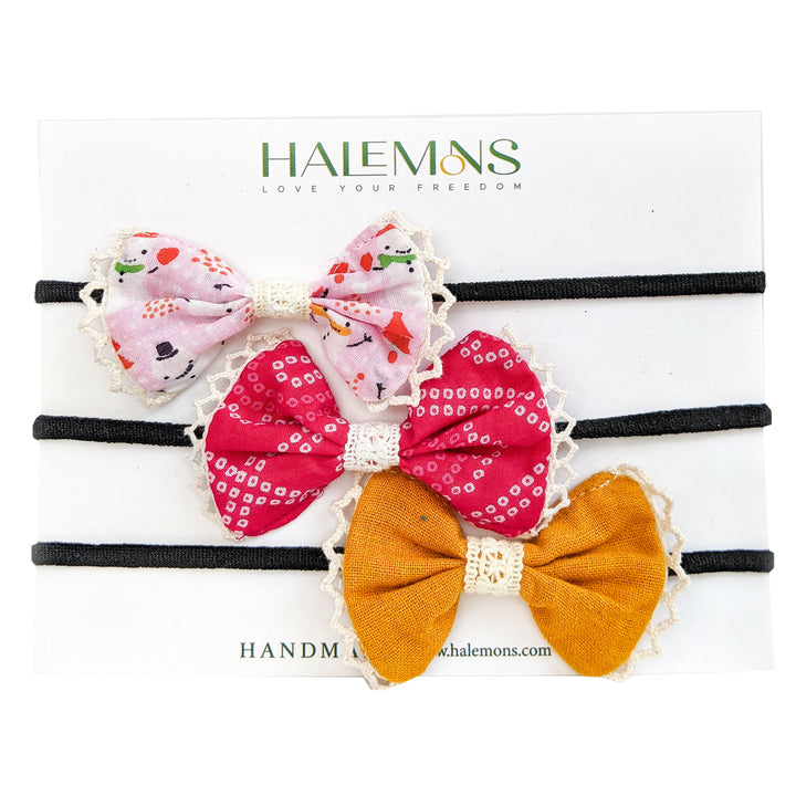 Halemons Pinky Baby Girl set of 3 Handmade Bow Hair bands pack of 3 - Halemons