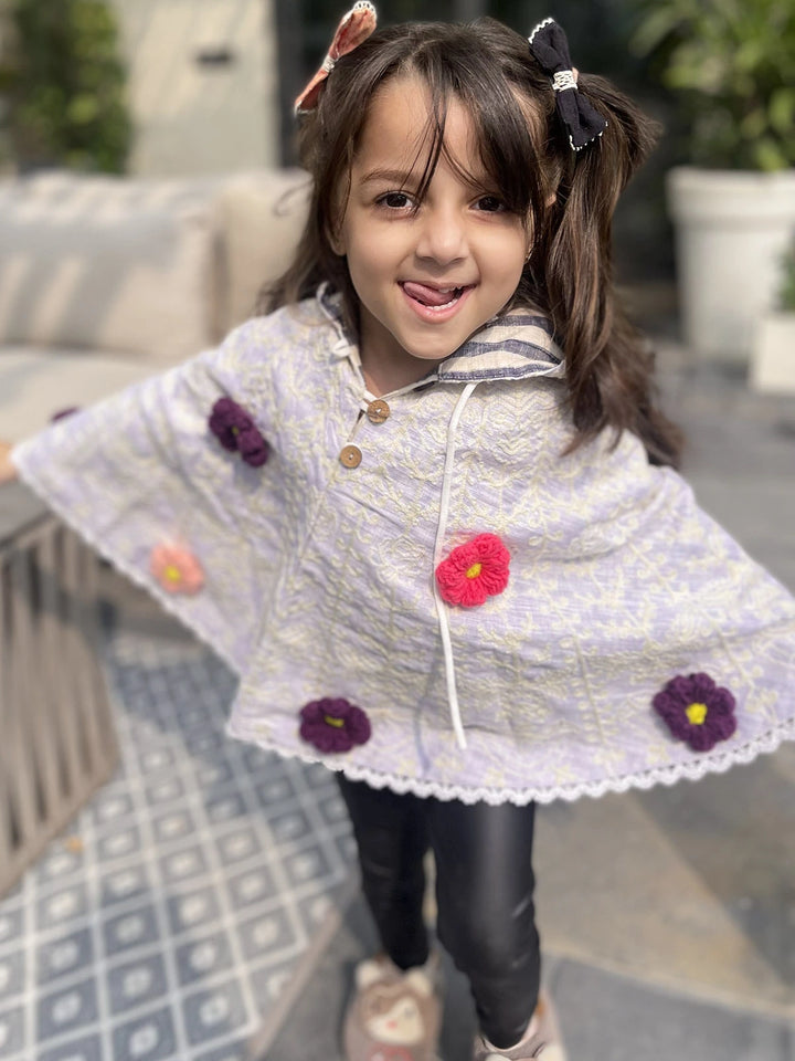 Purple Spring Flower Embroidered Picnic Poncho Top For Girls