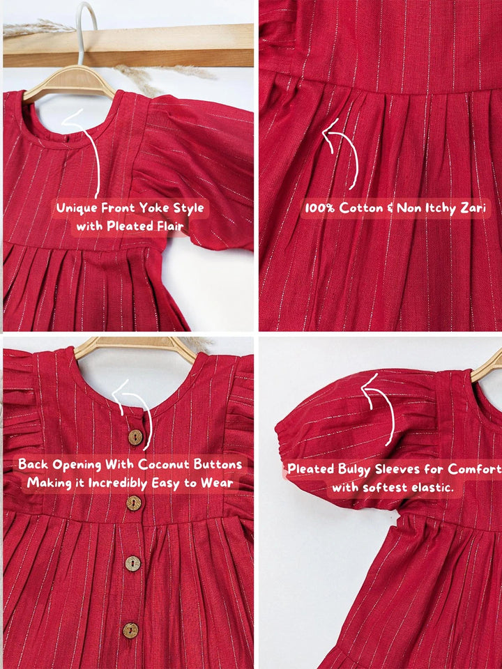 Red Zari Striped Pleated Premium Party Frock For Baby Girl