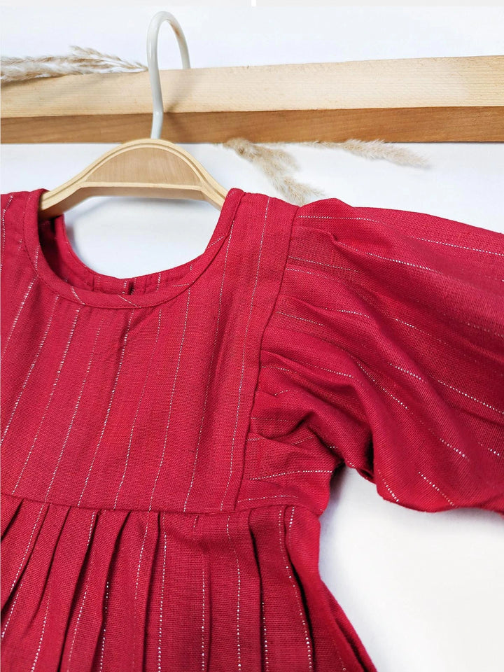 Red Zari Striped Pleated Premium Party Frock For Baby Girl