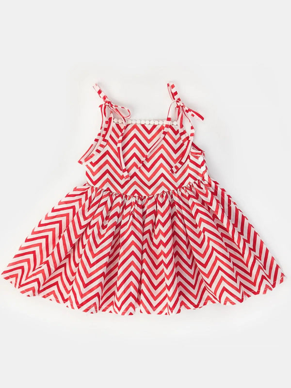 Tiny Baby Red Zig Zag Pleated Mini Frock With Strings