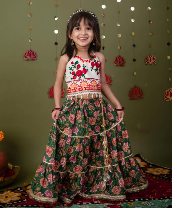 Green Gulmohar Cotton Lehenga Choli Set for Girls