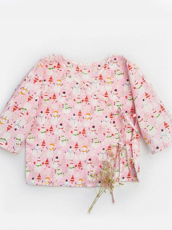 Pink Christmas Printed Cotton Unisex Jhabla With Strings - Halemons