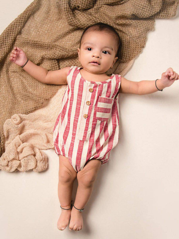 Red Stiped Pure Cotton Baby Toddler Unisex Bubble Romper - Halemons