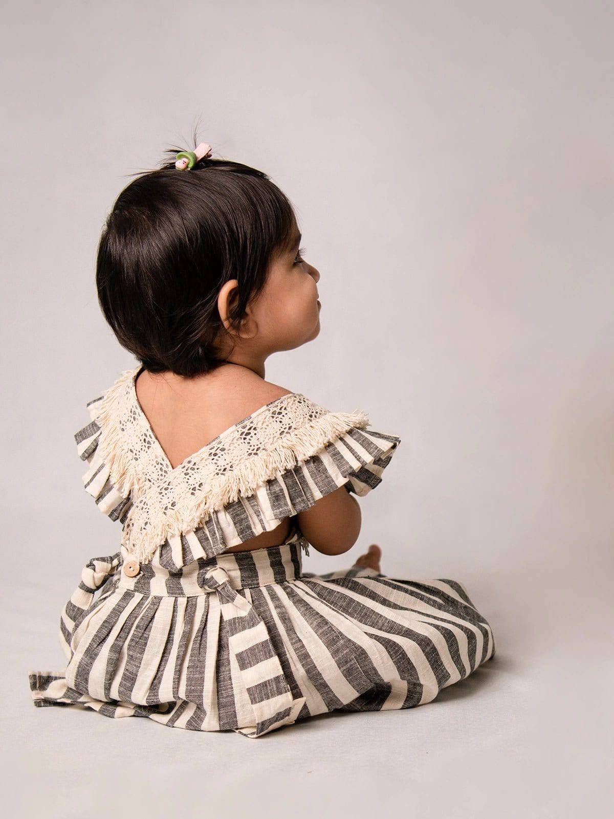 Grey Stripes Baby Frilled Frock With Crochette Lace - Halemons