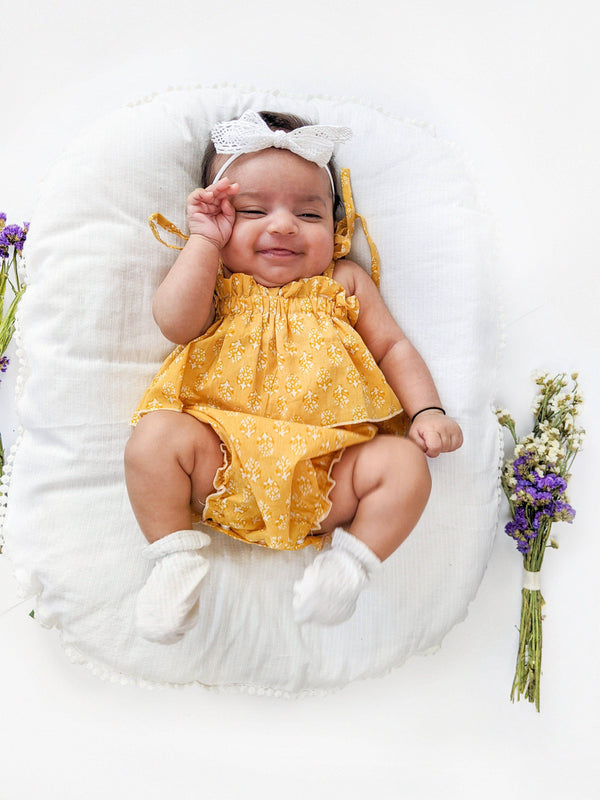 Halemons Amber Cotton Baby Romper, Gathered Bodice, Daily Wear - Mustard - Halemons