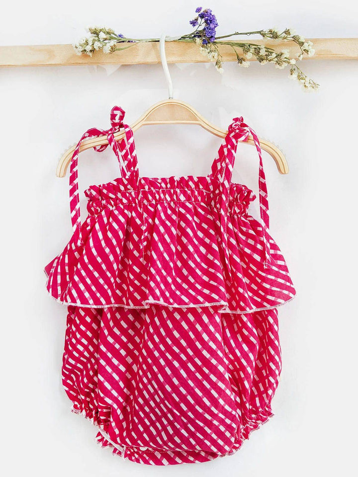 Halemons Pink Striped Frilled Bodice Romper, Elasticated Chest & Diaper Buttons - Pink - Halemons