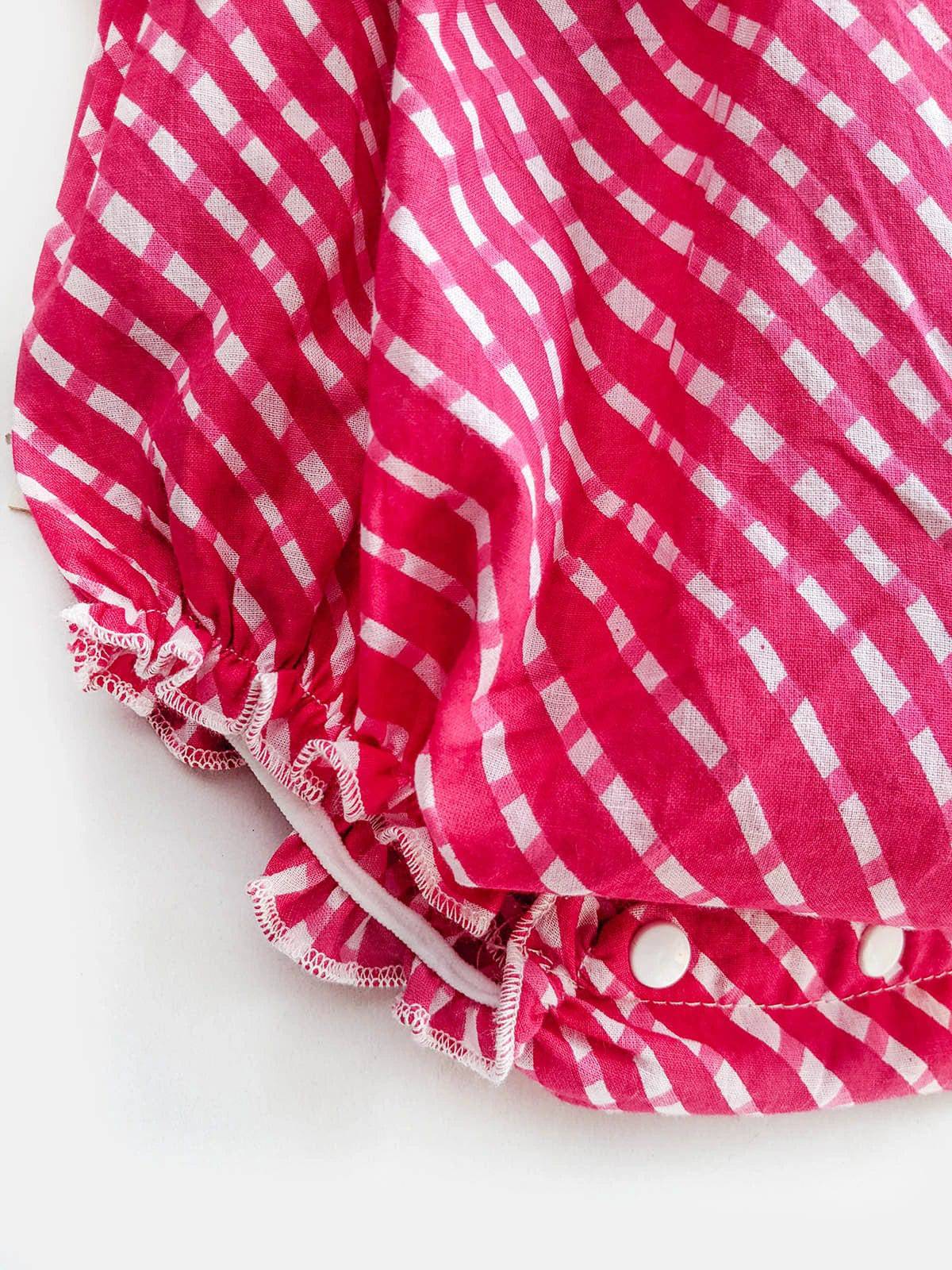 Halemons Pink Striped Frilled Bodice Romper, Elasticated Chest & Diaper Buttons - Pink - Halemons