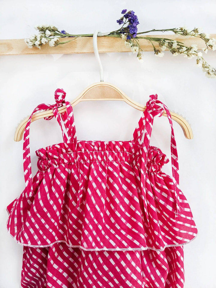 Halemons Pink Striped Frilled Bodice Romper, Elasticated Chest & Diaper Buttons - Pink - Halemons