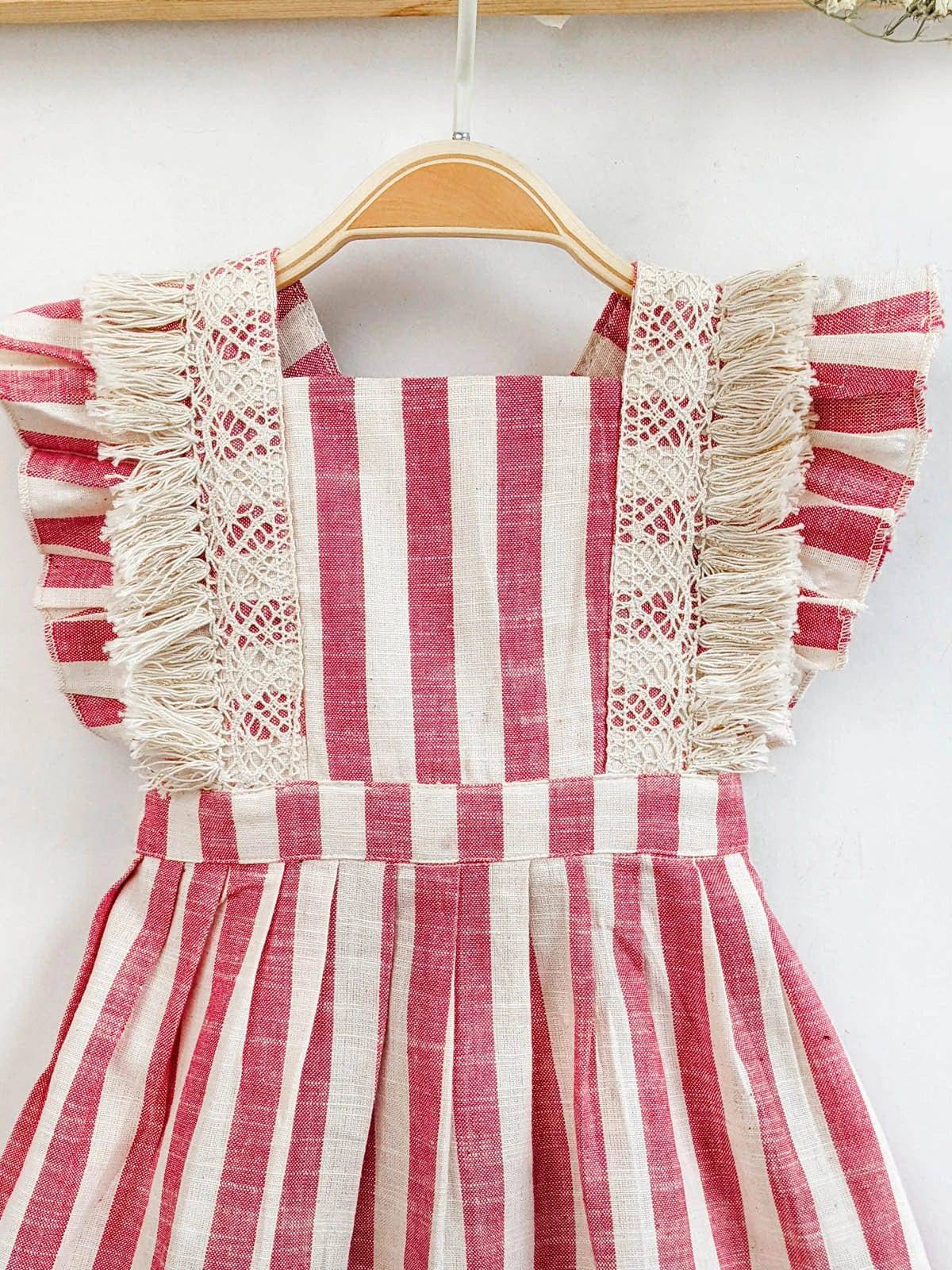 Pink Stripes Baby Frilled Frock With Crochette Lace - Halemons