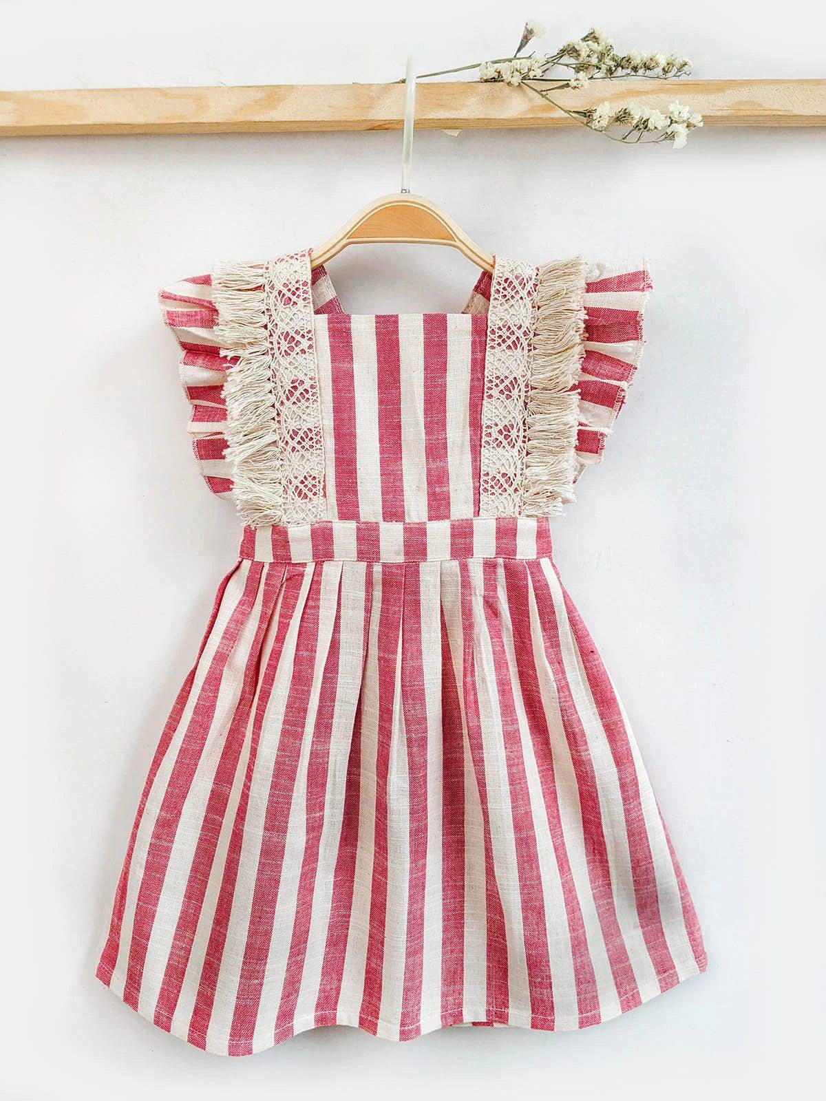 Pink Stripes Baby Frilled Frock With Crochette Lace - Halemons
