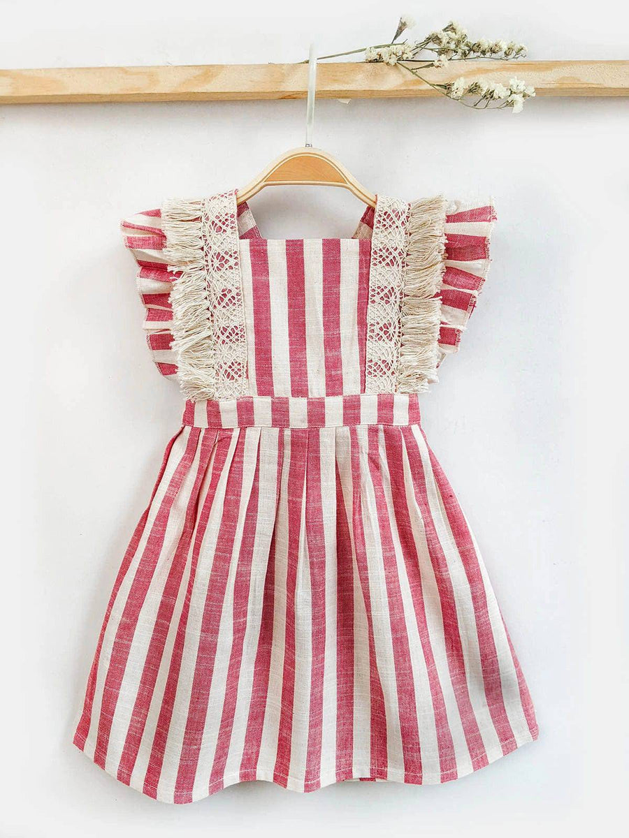 Pink Stripes Baby Frilled Frock With Crochette Lace | Halemons