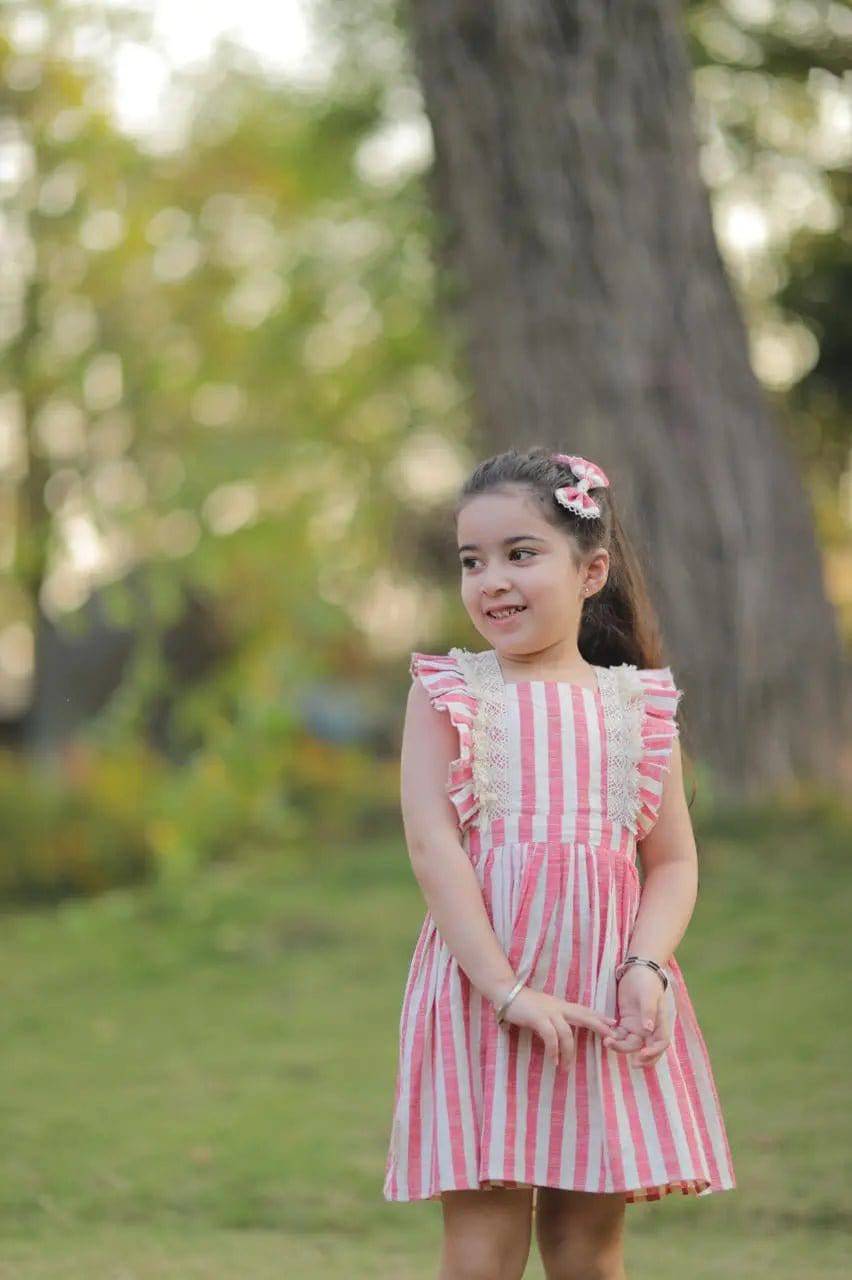 Pink Stripes Baby Frilled Frock With Crochette Lace - Halemons