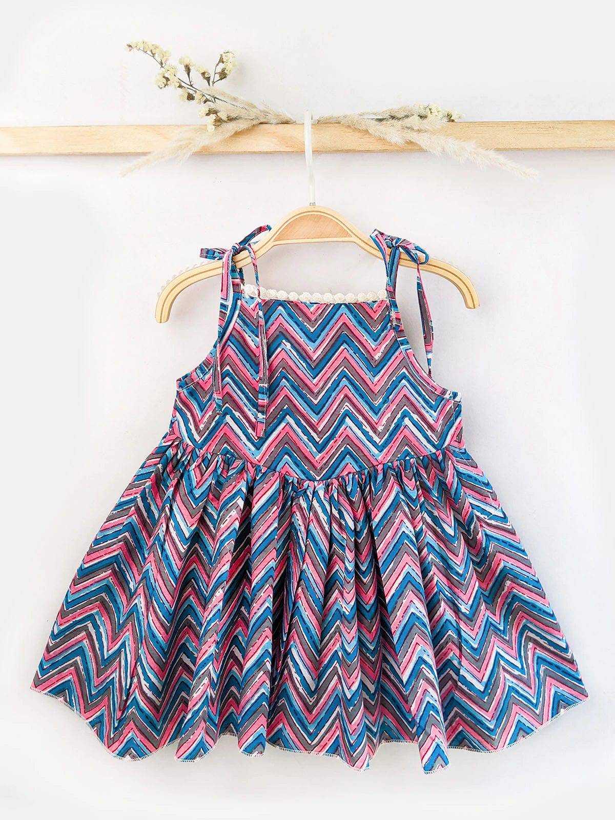 Blue Cotton Zigzag Baby Girl Dress with Tieup Strings - Halemons