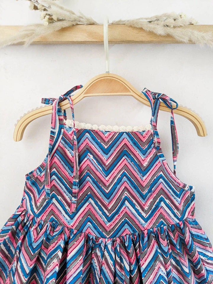 Blue Cotton Zigzag Baby Girl Dress with Tieup Strings - Halemons