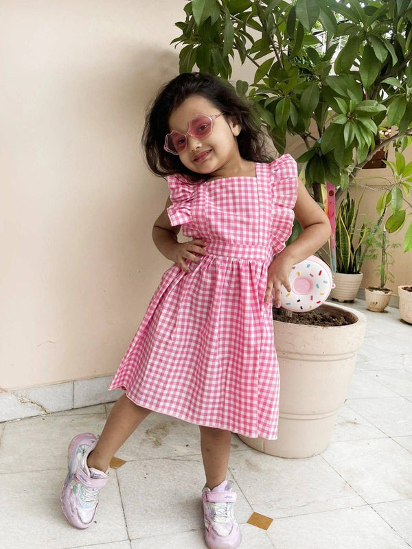 Cute Pink Checks Baby Frilled Frock - Halemons