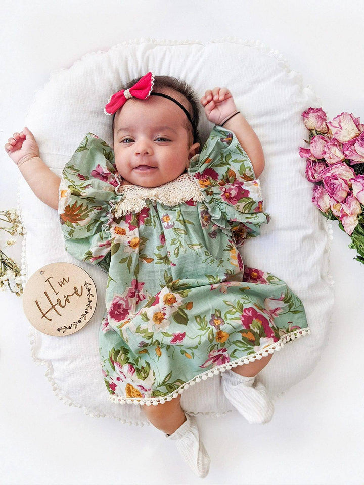 Victoria Pleated Floral Frilly Teal Baby Girl Dress - Halemons Victoria Pleated Floral Frilly Teal Baby Girl Dress - Halemons