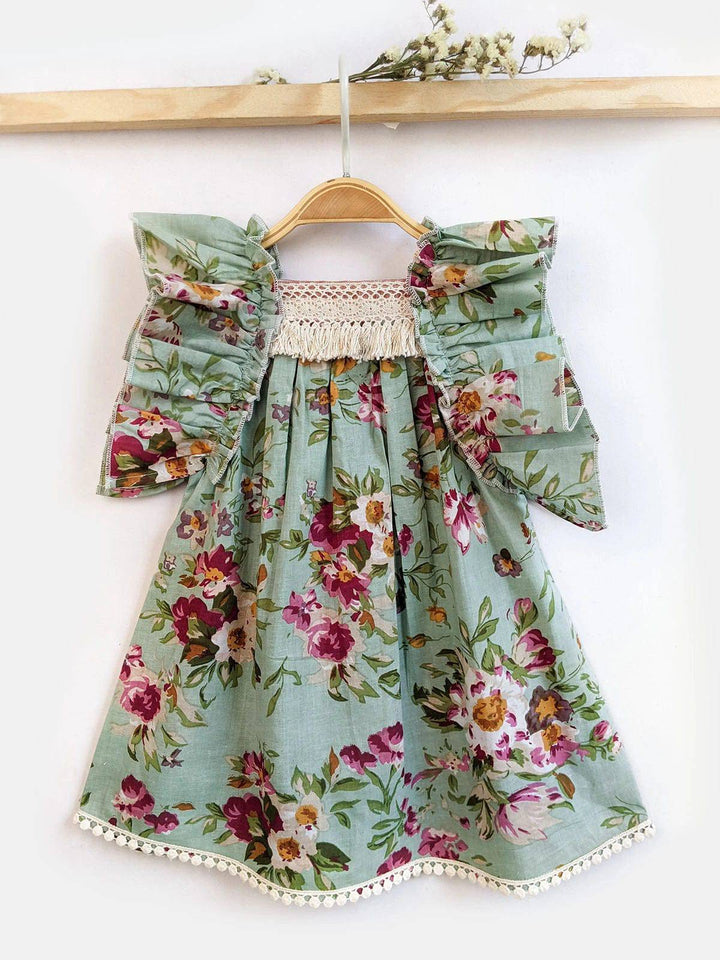 Victoria Pleated Floral Frilly Teal Baby Girl Dress - Halemons