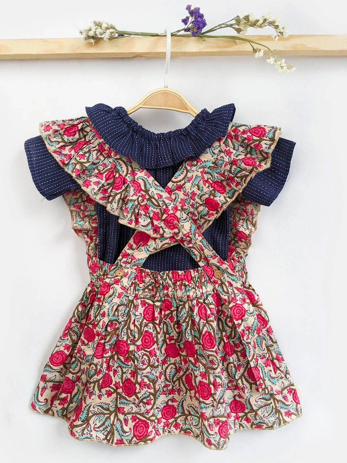 Pink Floral Suspender Frilled Mini Frock - Halemons