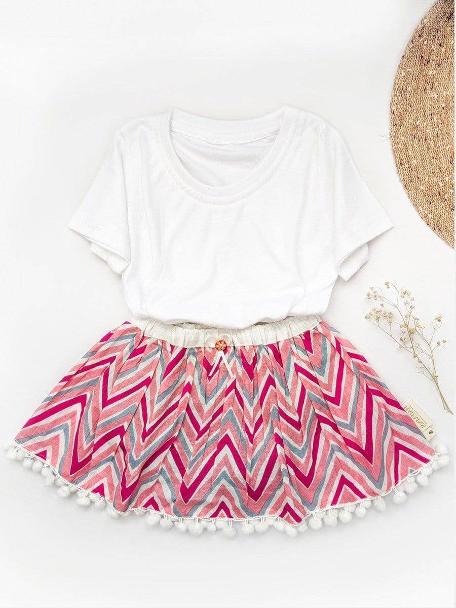Zig Zag Cotton Printed Baby Girl Skirt With White Frilled Top - Halemons