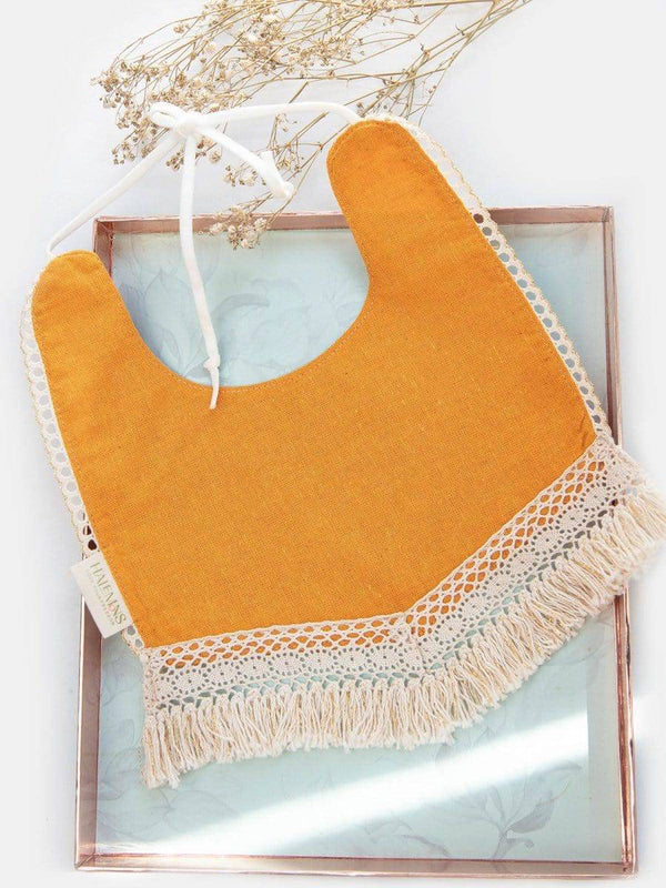 Mustard Baby Girl V-Shape Cotton Bib with Crochette Lace - Halemons