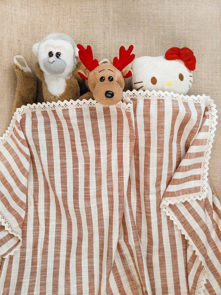 Washed Organic Cotton Newborn Baby Brown Stripe Blanket and Bolster Set - Halemons