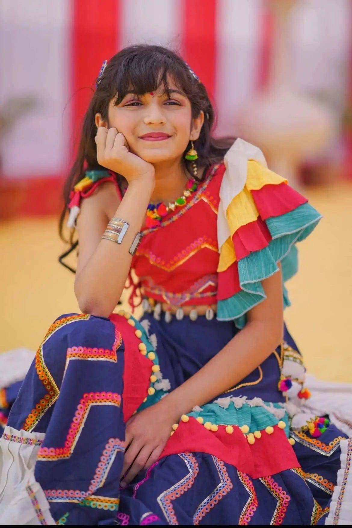 Butterfly Sleeves Navyblue Traditional Festive lehenga Choli for Girls- Halemons
