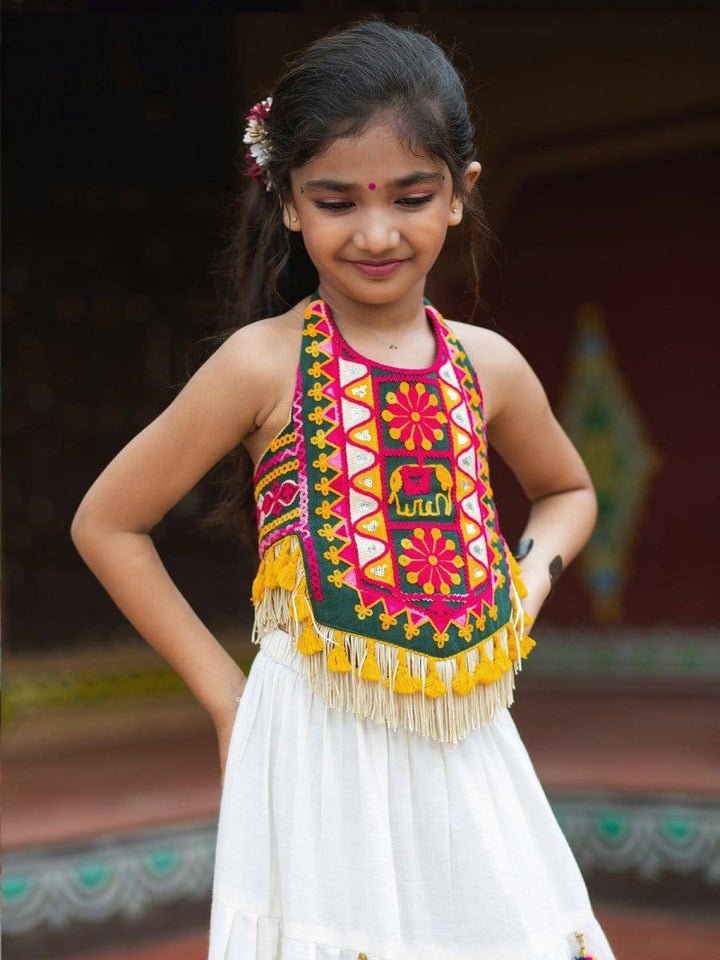 Traditional White Gujarati Embroidered Festive Girls Crop Top & Choli - Halemons