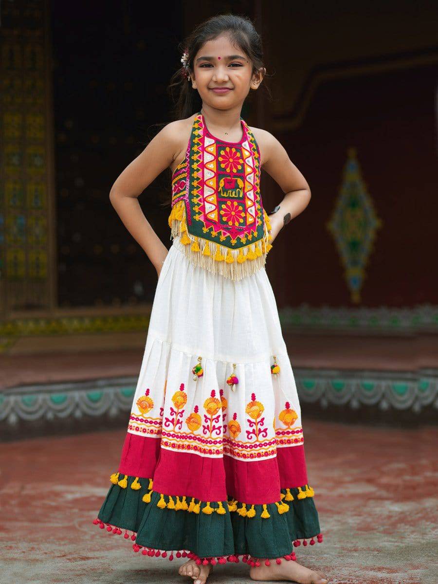 Traditional White Gujarati Embroidered Festive Girls Crop Top & Choli - Halemons