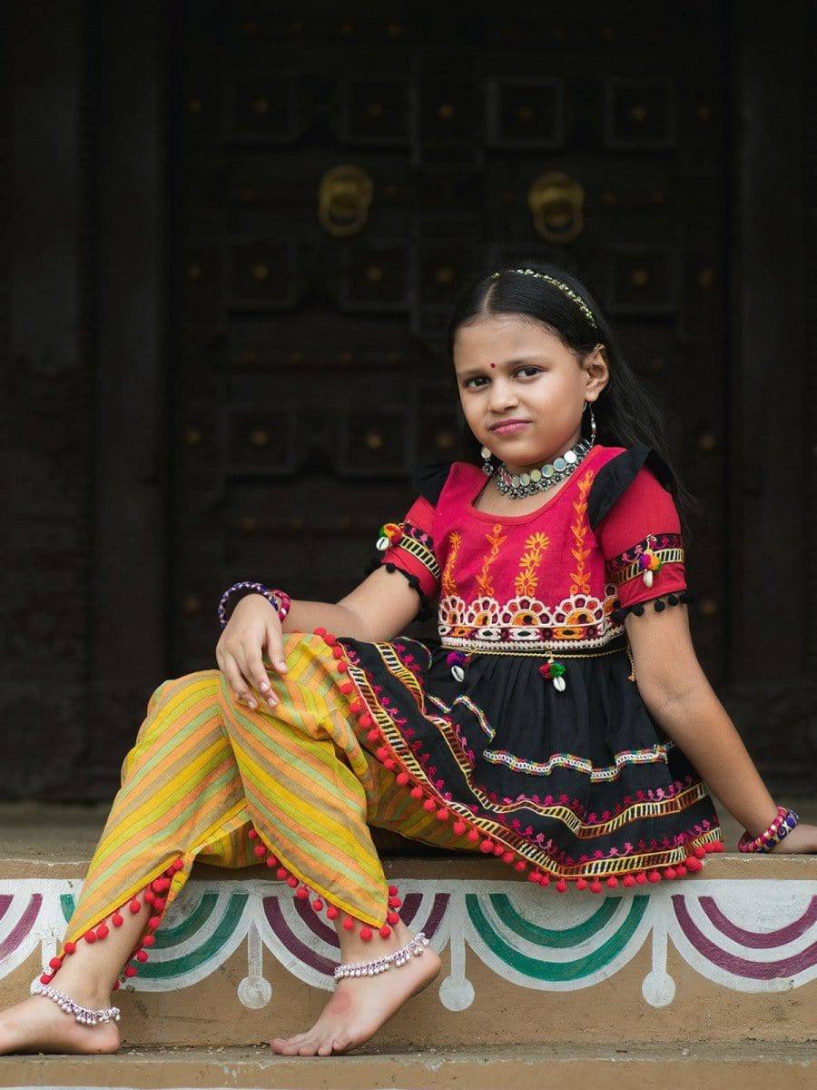 Classic Black Gujarati Embroidered Kedia set for girls - Halemons