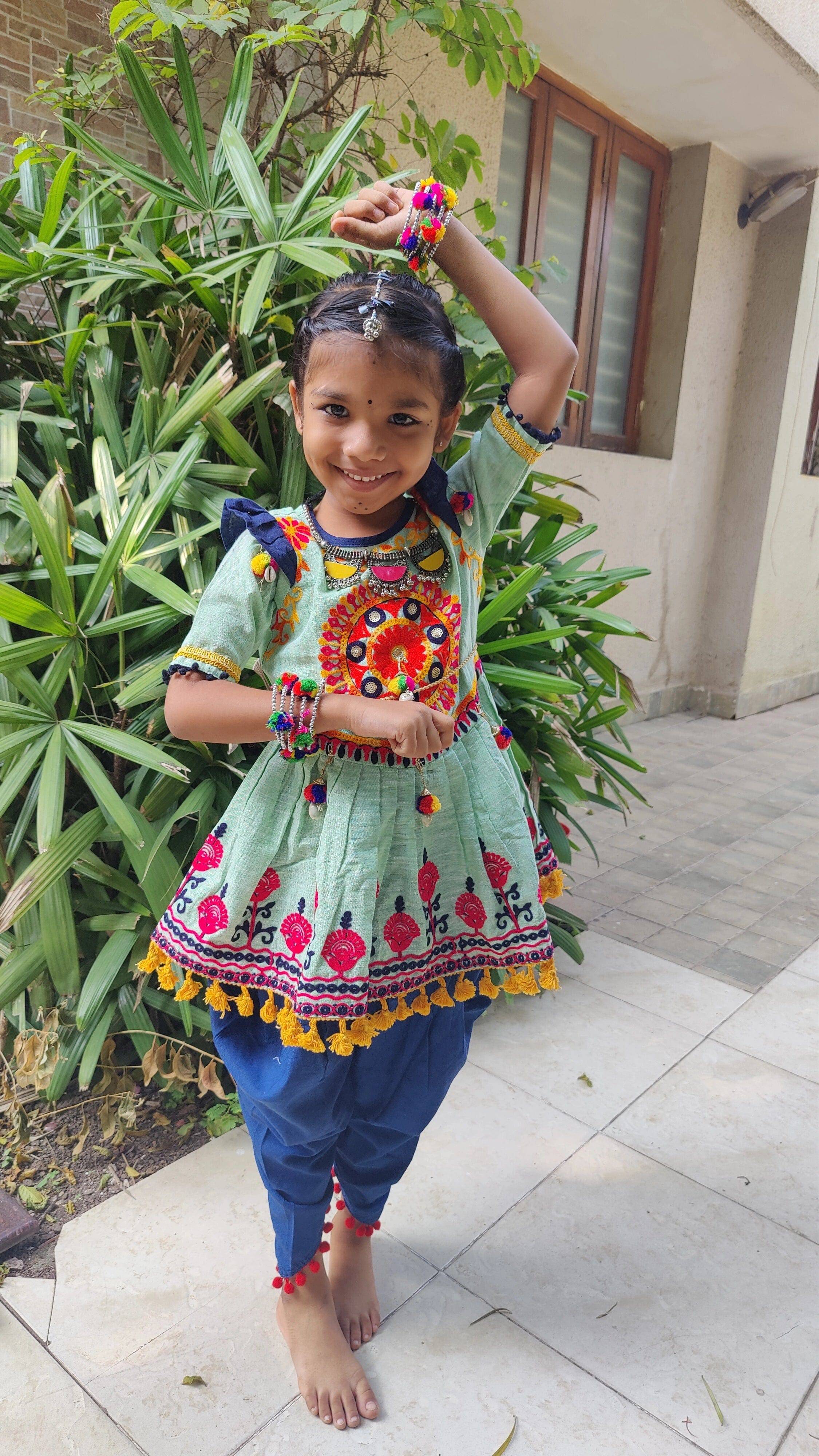 Parrot Green Traditional Embrodiered Kedia Dhoti set for Girls - Halemons