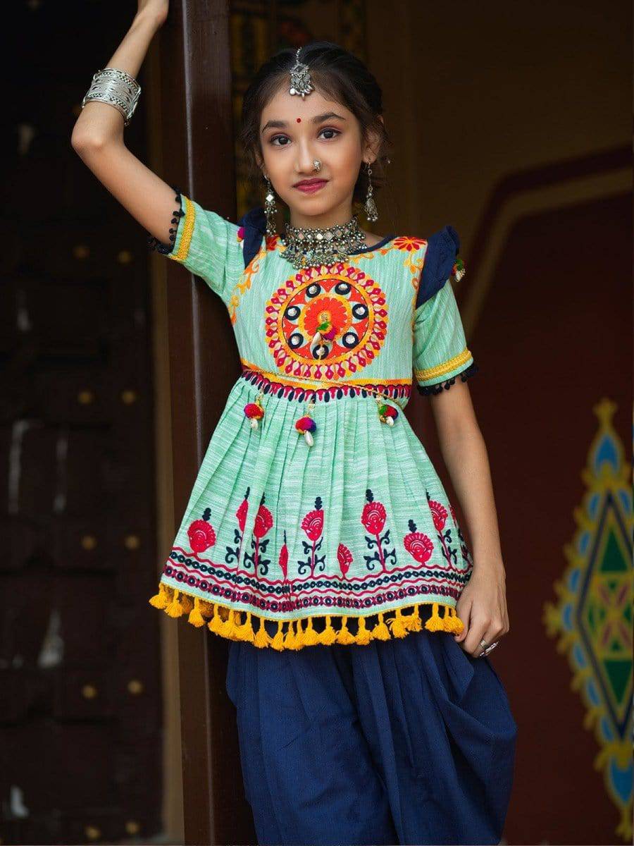 Parrot Green Traditional Embrodiered Kedia Dhoti set for Girls - Halemons