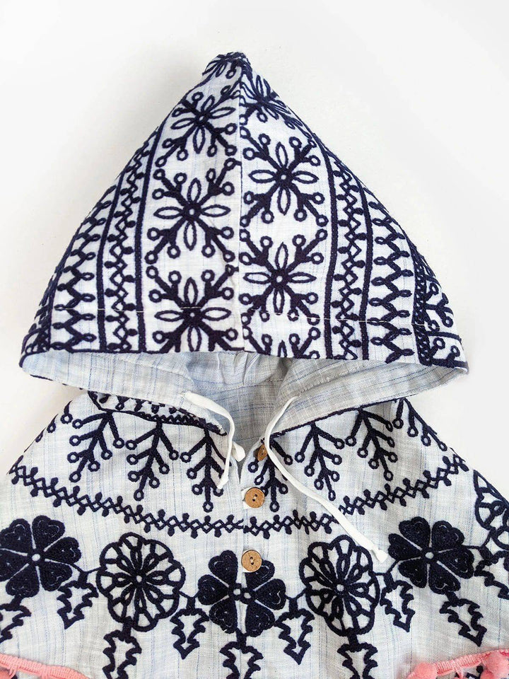 Blue Embroidered Hoodie Party Poncho Top For Baby Girls - Halemons