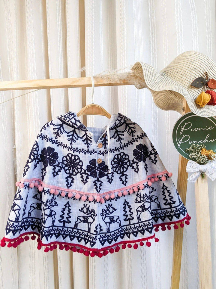 Blue Embroidered Hoodie Party Poncho Top For Baby Girls - Halemons