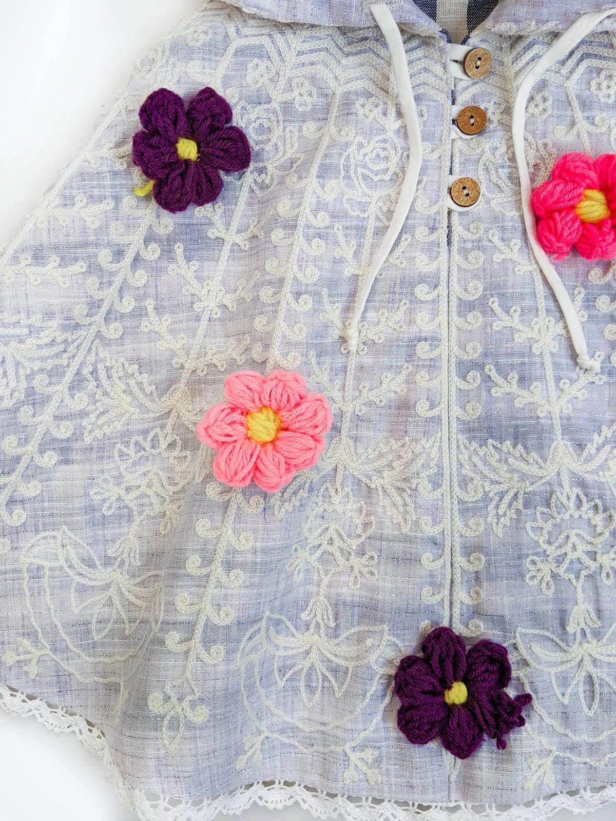 Purple Spring Flower Embroidered Picnic Poncho Top For Girls - Halemons