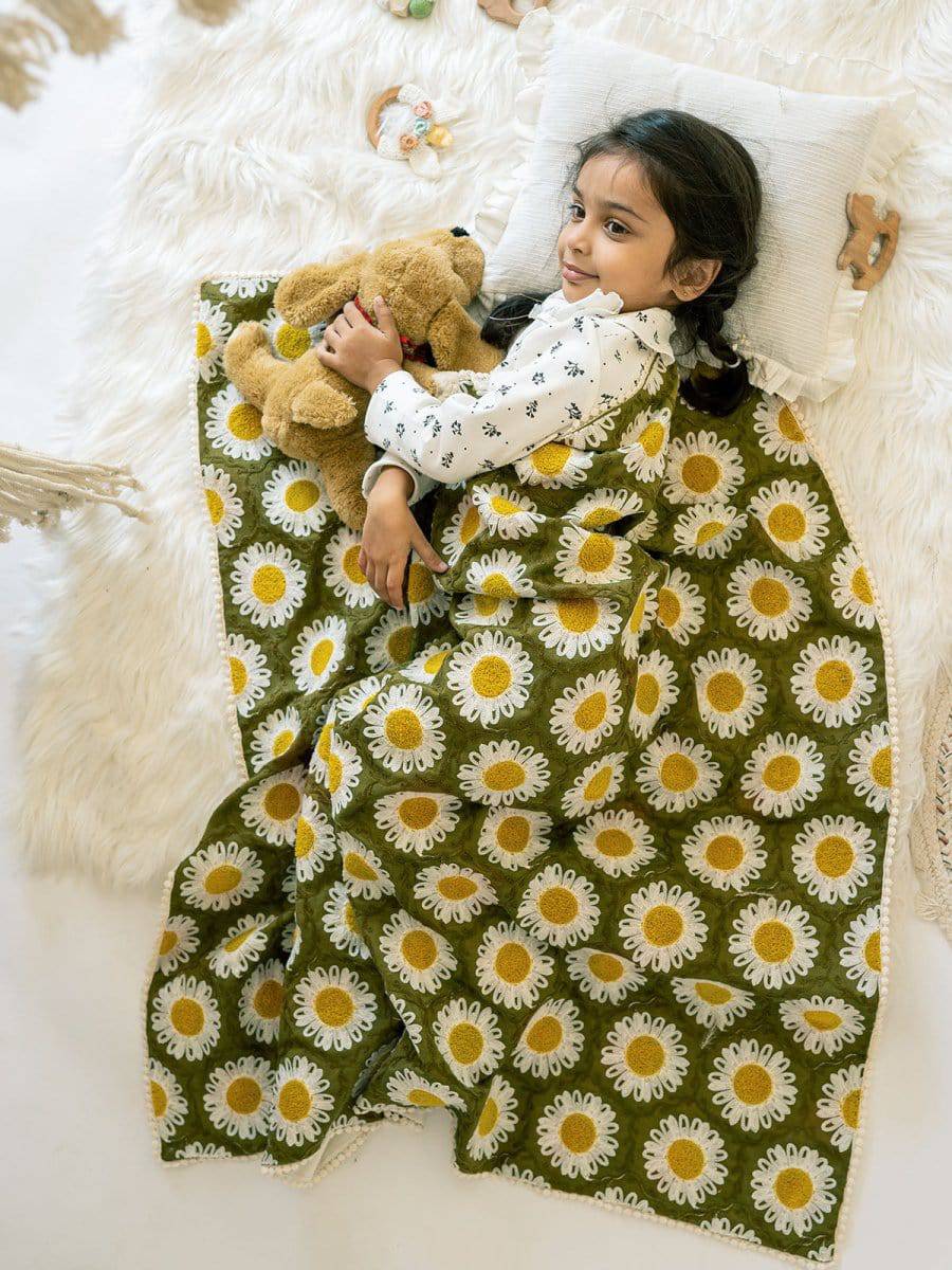 Green Woollen Sunflower Reversible Baby Kids Blanket - Halemons