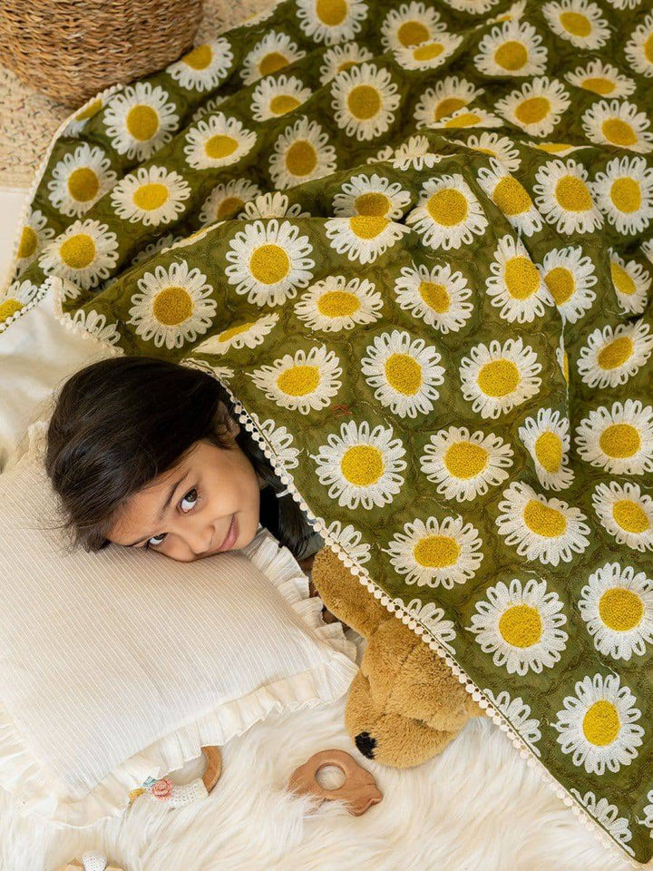 Green Woollen Sunflower Reversible Baby Kids Blanket - Halemons