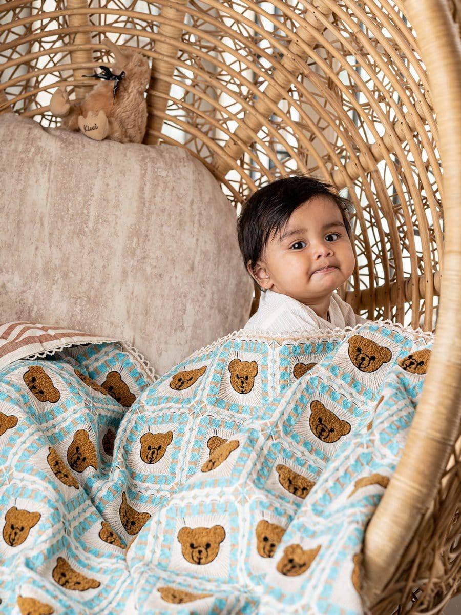 Teddy Woolen Embroidered Crocheted Style Baby Kids Blanket - Halemons