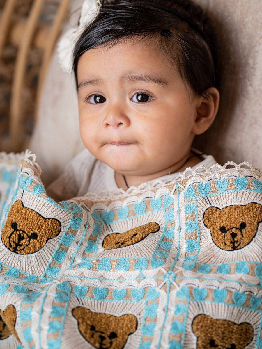 Teddy Woolen Embroidered Crocheted Style Baby Kids Blanket - Halemons