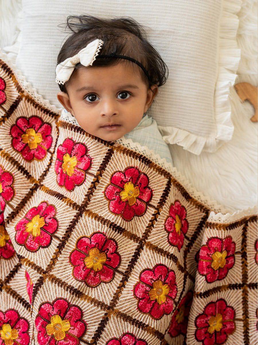 Woollen Red Rose Embroidered Reversible Luxury Baby Kids Blanket - Halemons