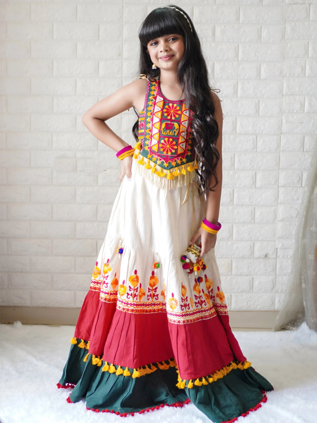 Traditional White Gujarati Embroidered Festive Girls Choli & Lehenga